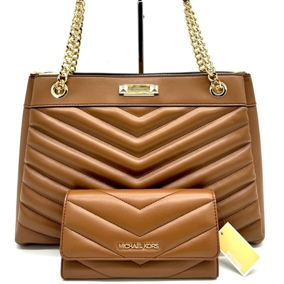 Michael Kors Whitney Medium Quilted Tote Bag & Large Trifold Wallet Luggage - Picture 2 of 13